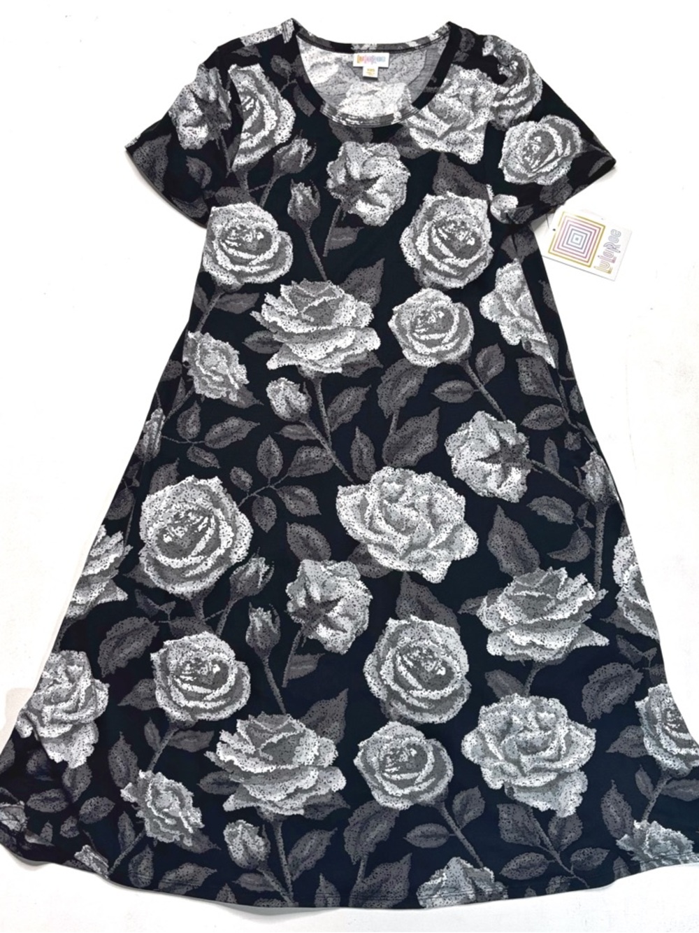 Black Swing Dress with White Rose Print NWT